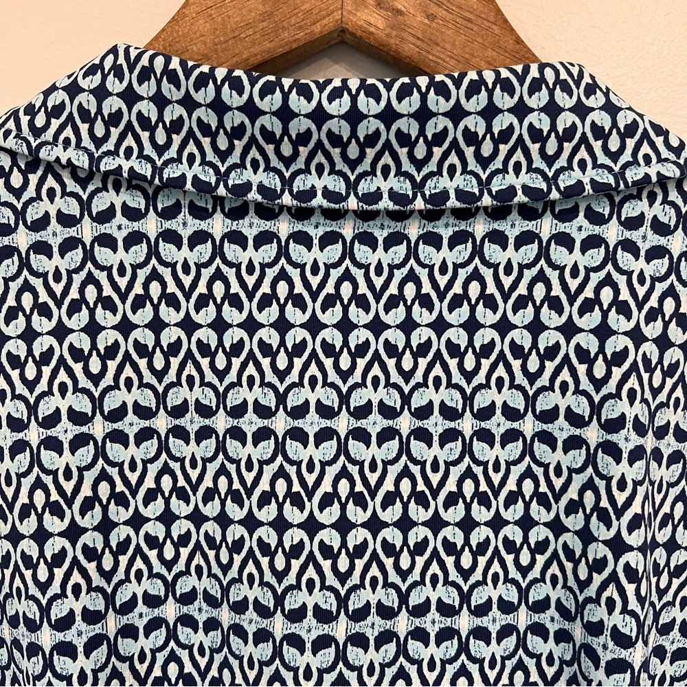 J. McLaughlin True Wrap Dress Short Sleeve Blue Geometric Print Collar Tie, L - Picture 9 of 11